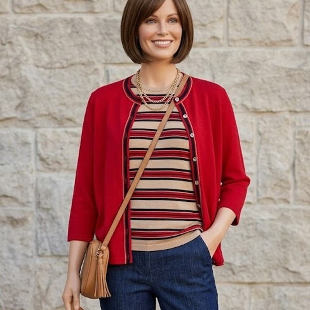 Vintage Talbott Tarafast 2 Pc Cardigan set Knit Sweater 3/4 Sleeves Red Tan 38